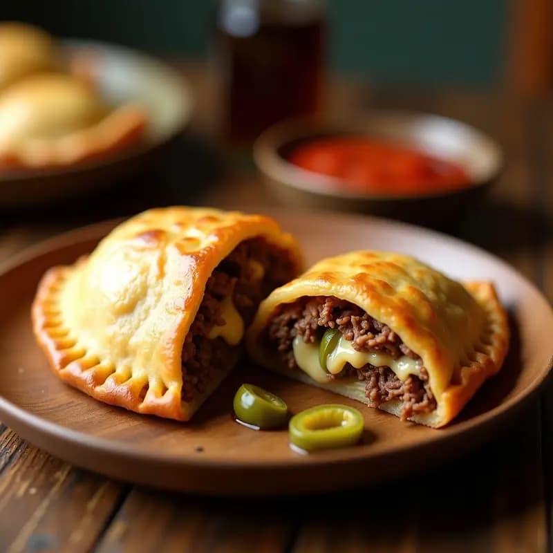 Empanada colombiana dorada y crujiente rellena de carne mechada, queso fundido y aceitunas verdes, servida en un plato de madera con salsa de ají al lado.