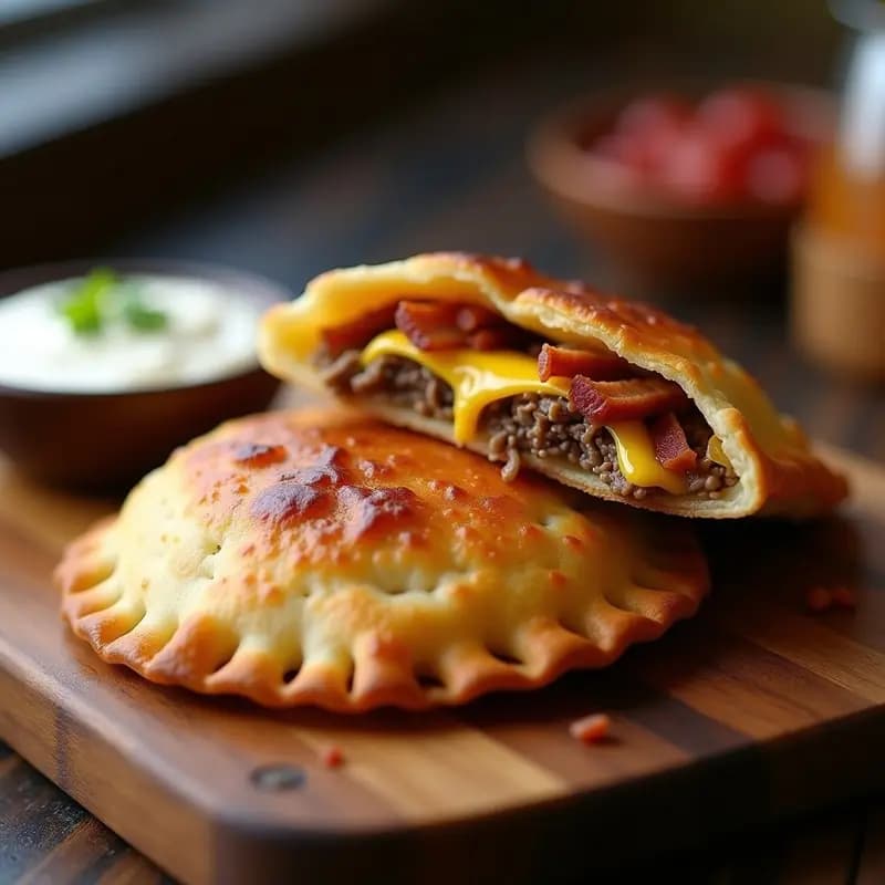 Empanada venezolana dorada y crujiente rellena de carne mechada, queso amarillo derretido en hilos y tocineta ahumada, servida sobre papel absorbente con fondo borroso de más empanadas.
