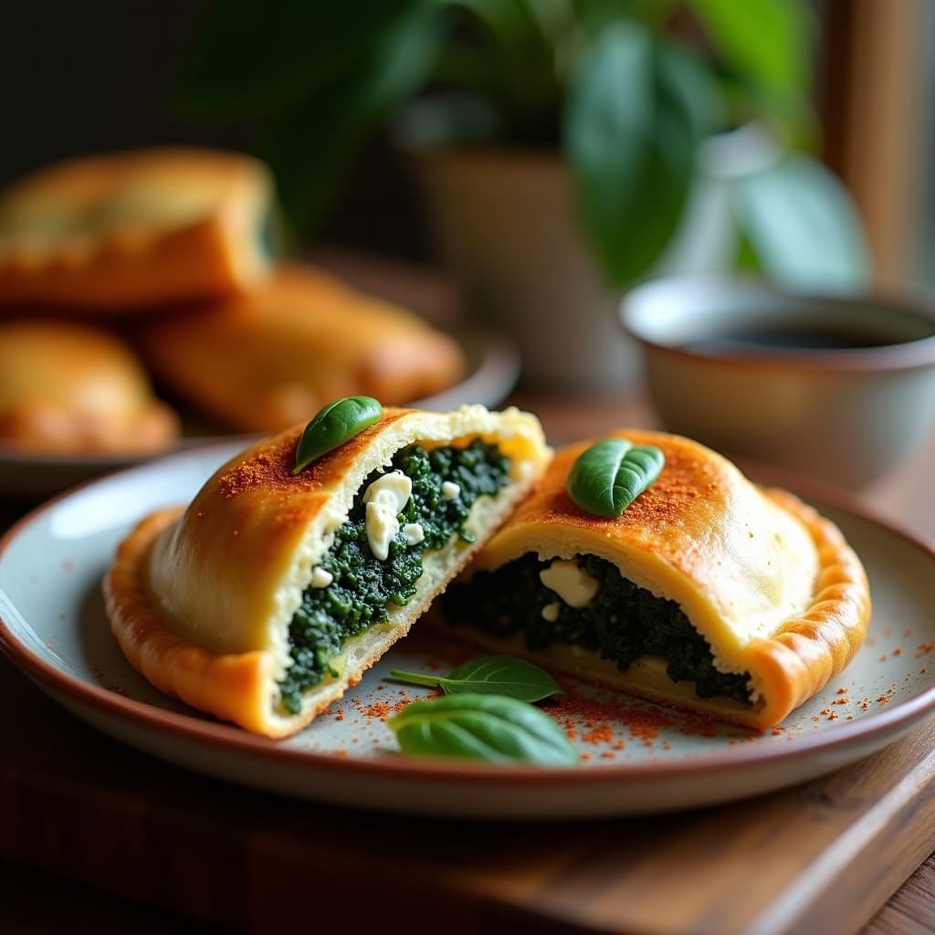 Empanada dorada de masa de ñame morado y blanco al horno, rellena de espinacas verdes y queso de castañas cremoso, servida en bandeja rústica con decoración de pimentón ahumado.