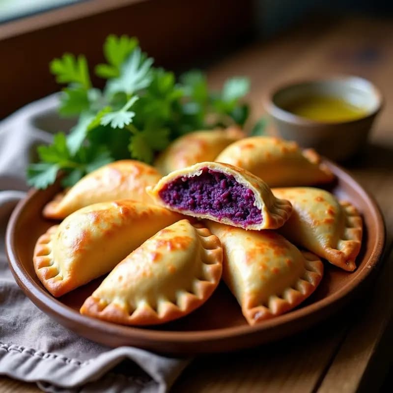 Empanadas doradas y crujientes de yautía morada y carne de soja en airfryer, con el interior morado y jugoso, servidas en un plato de madera rústico con hojas de cilantro fresco.