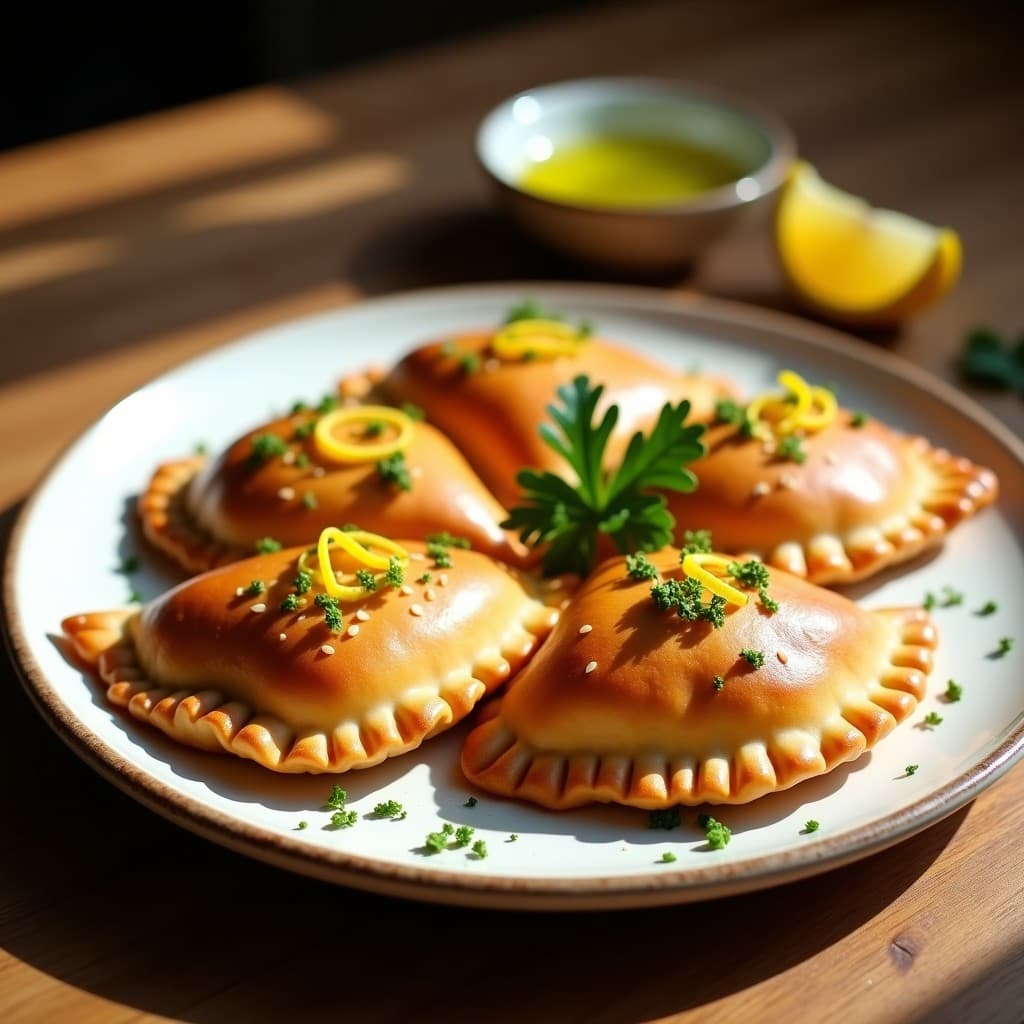 Empanadas doradas y crujientes de aceituna negra y anchoas sobre un plato de cerámica blanca, con detalles de perejil fresco y virutas de limón confitado, receta Pugliese en airfryer sin harina.