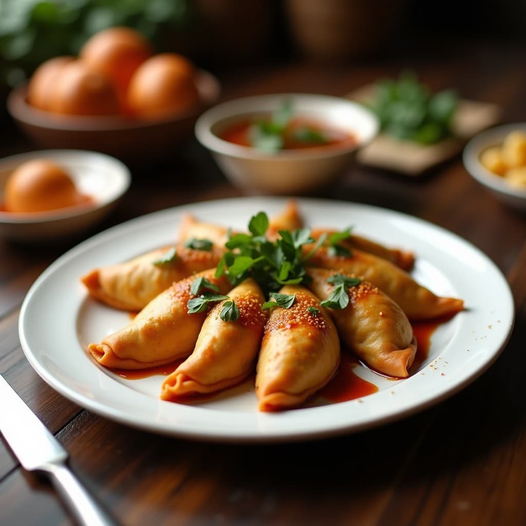 Empanadas doradas de masa de almendra keto rellenas de espinacas, queso de cabra y pasas, servidas en un plato de cerámica blanca con salsa de ajo negro cremosa y semillas de sésamo espolvoreadas. Receta española baja en carbohidratos.