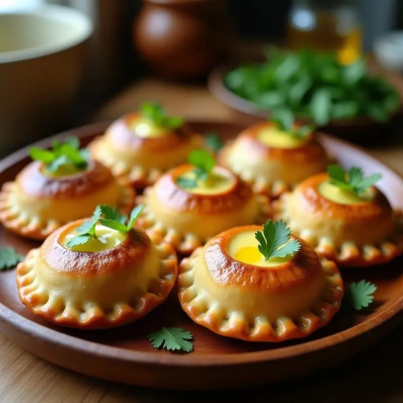 Empanadas doradas de harina de almendra con relleno cremoso de queso de bromelia, dispuestas en bandeja de madera rústica con hojas de cilantro fresco. Receta brasileña sin gluten para tupper.