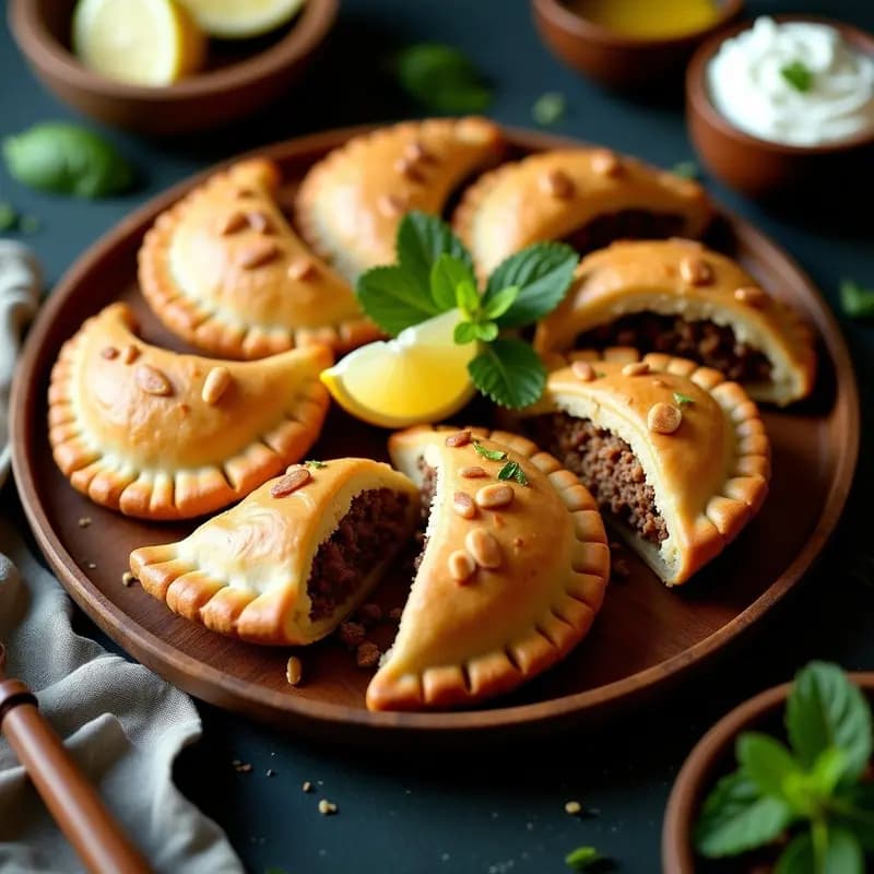 Empanadas árabes doradas y crujientes rellenas de carne especiada y piñones, servidas sobre un plato de cerámica blanca con hierbabuena fresca y yogur natural al lado.