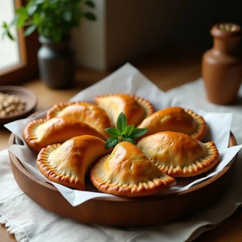Empanadas árabes de carne y piñones al horno, doradas y crujientes, con una textura de masa de semolina y relleno jugoso de cordero especiado, servidas en una bandeja de madera rústica con hojas de menta fresca como decoración.