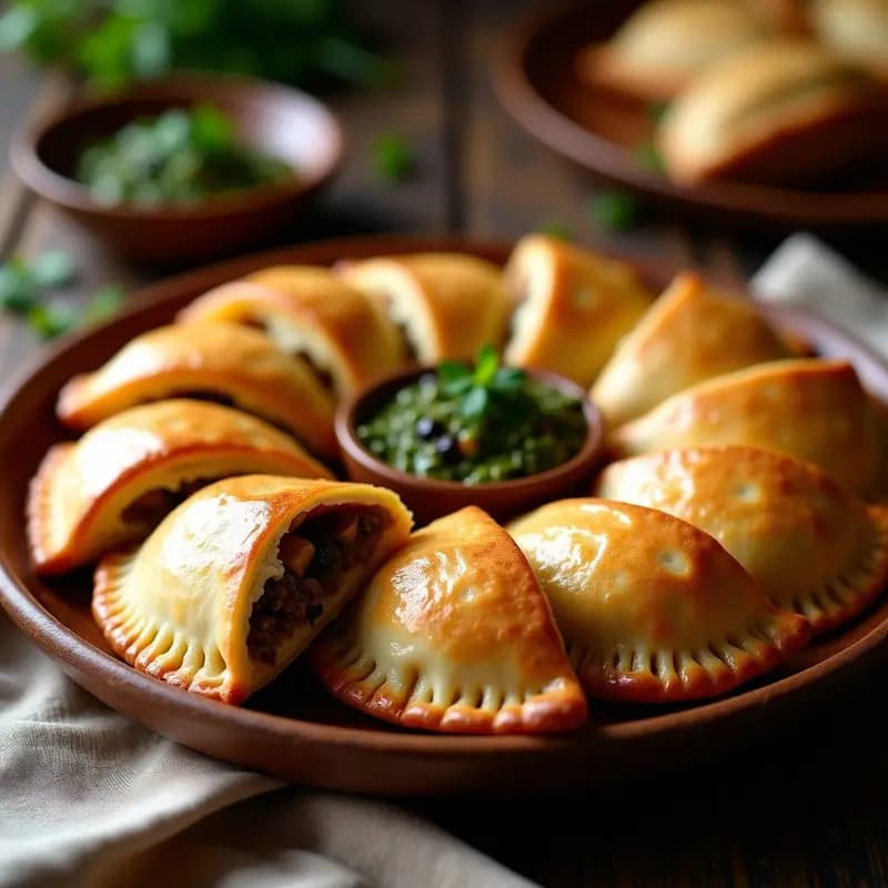 Bandeja de madera rústica con empanadas argentinas de carne con pasas y huevos duros, doradas y crujientes, servidas con salsa criolla al lado. Receta tradicional para compartir.