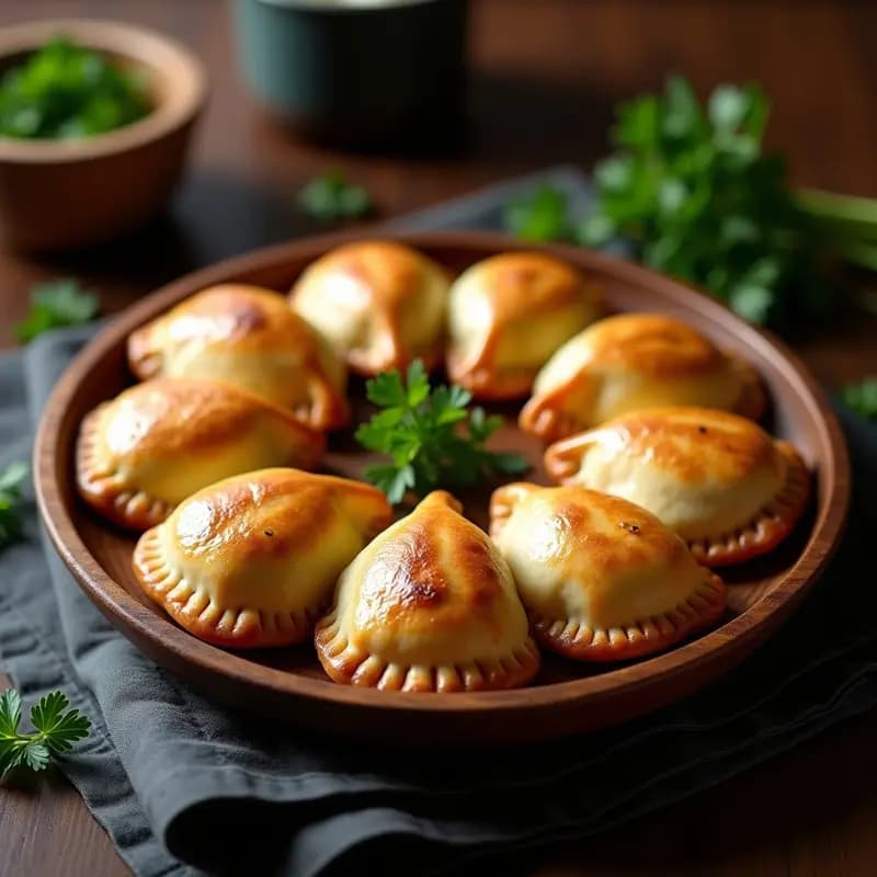 Empanadas argentinas doradas y crujientes con masa integral, rellenas de carne jugosa y queso azul derretido, servidas en una bandeja de madera rústica con hierbas frescas.