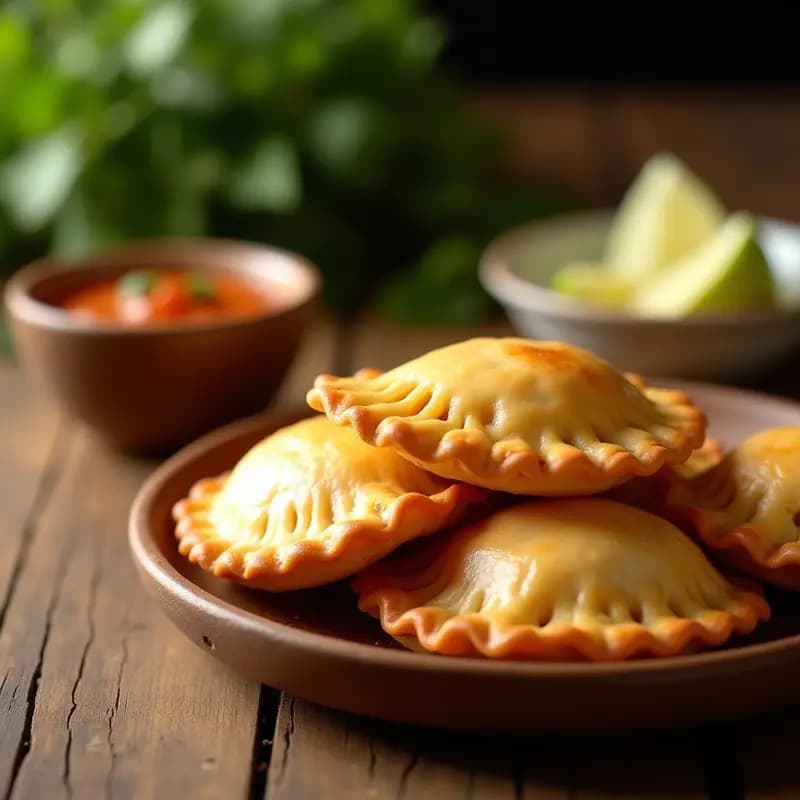 Empanadas doradas y crujientes de harina de arriba rellenas de carimañola y queso derretido, servidas en un plato rústico con dip de ají al lado. Receta colombiana viral para redes sociales.