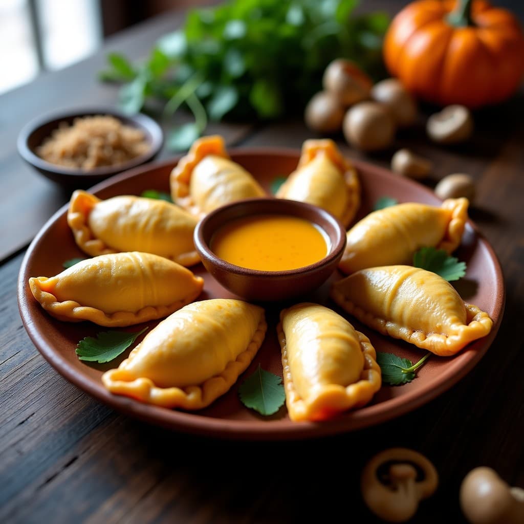 Empanadas peruanas de harina de arroz y calabaza rellenas de hongos shiitake, cocinadas al vapor en olla express, servidas en un plato de barro con salsa de ají amarillo y decoradas con cilantro fresco.