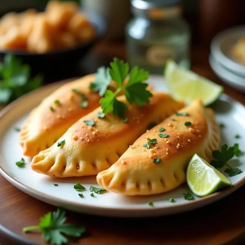 Empanadas doradas y crujientes de harina de arroz rellenas de camarones y cilantro, servidas en un plato de cerámica blanca con hojas de cilantro fresco y rodajas de limón verde al lado, receta peruana en airfryer.