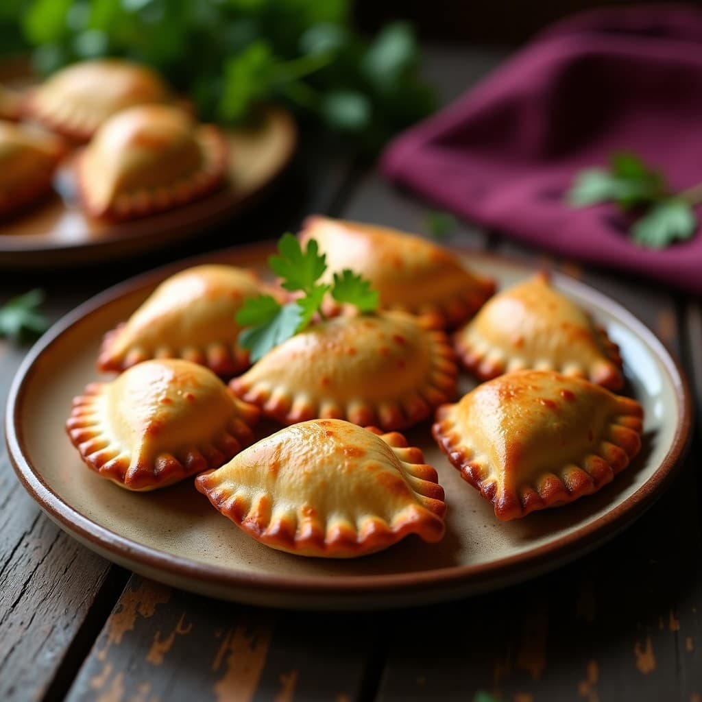 Empanadas doradas de arroz morado rellenas de queso de anacardos, con bordes perfectamente sellados y un tono violeta intenso en la masa. Servidas en un plato de cerámica con hierbas frescas alrededor, aperitivo peruano sin gluten.