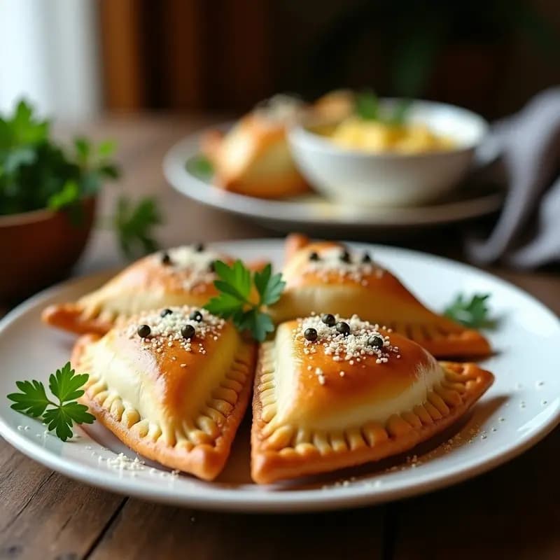 Empanadas italianas doradas y crujientes de atún y alcaparras en una fuente de cerámica blanca, con detalles de perejil fresco y queso parmesano rallado, receta airfryer sin amasar.