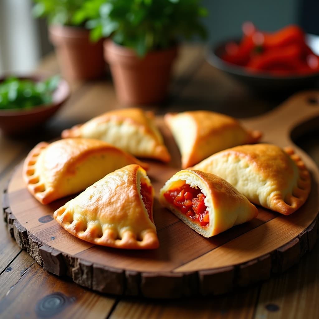 Empanadas doradas y crujientes de atún y pimiento asado con masa de coliflor, servidas en una bandeja de madera rústica. Receta keto y sin harina, alta en proteína.