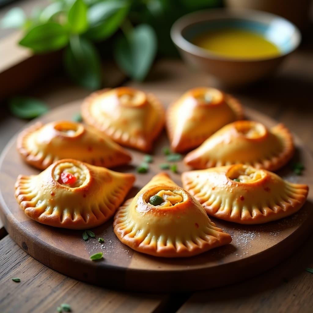 Empanadas de atún y pimientos asados en Thermomix sin freír, doradas y crujientes, dispuestas en una bandeja de madera rústica con perejil fresco espolvoreado.