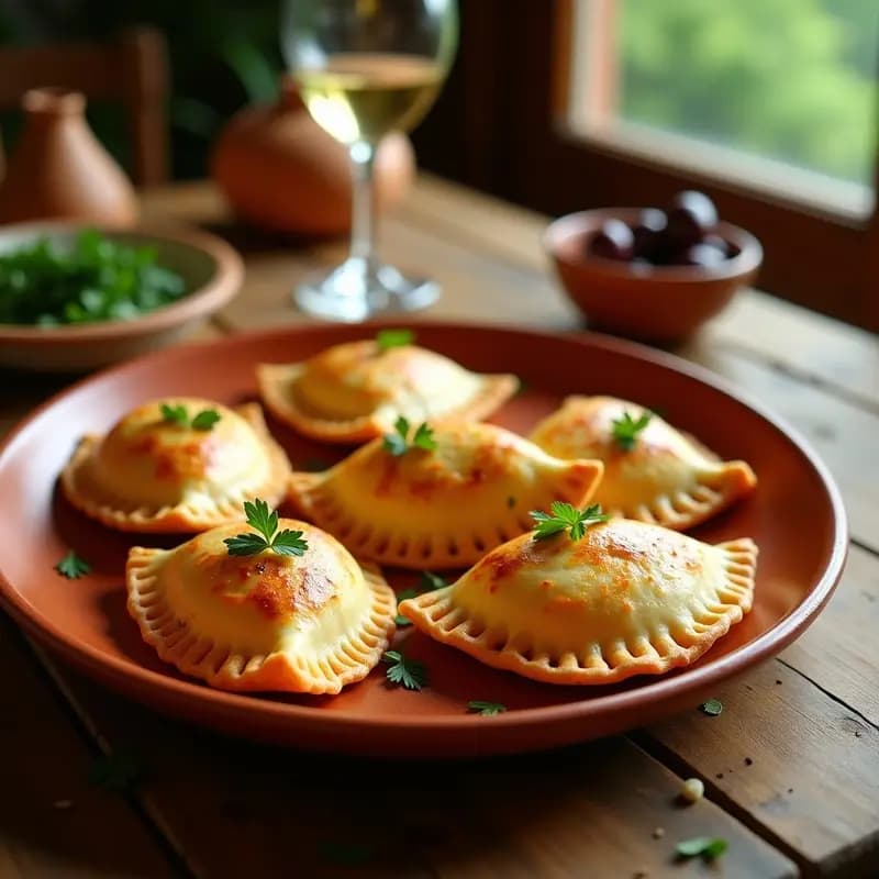 Empanadas doradas y crujientes de masa de maíz rellenas de atún y pimientos del piquillo, servidas en una fuente de barro con hierbas frescas, receta española sin lactosa.