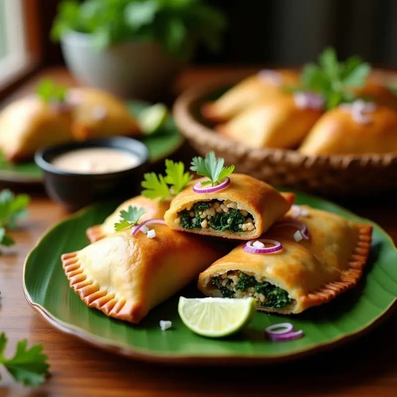 Empanadas de Vigilia filipinas doradas y crujientes en un plato de madera, rellenas de bacalao y espinacas, con una salsa de vinagre y chile al lado. Receta tradicional adaptada al Airfryer.