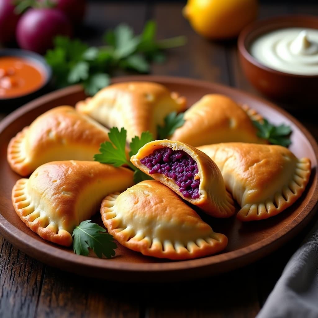 Empanadas doradas y crujientes de batata morada y queso de anacardos sobre un plato de barro rústico, con hojas de cilantro fresco como decoración. Receta peruana alta en antioxidantes.