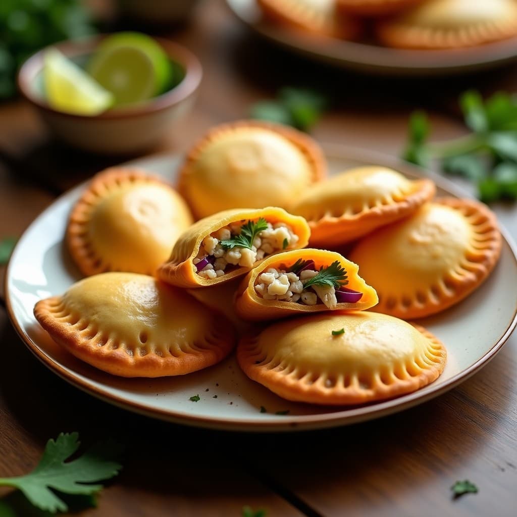 Empanadas doradas y crujientes de batata y yuca rallada rellenas de pollo desmenuzado, dispuestas en una canasta de airfryer con hojas de cilantro fresco como decoración. Receta colombiana sin gluten.