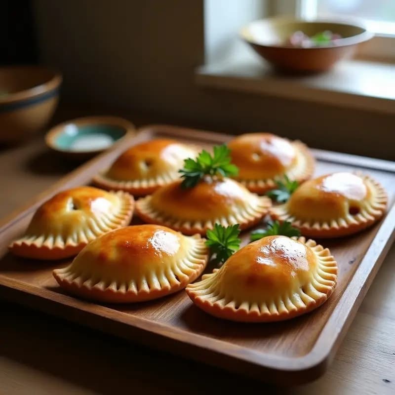 Empanadas vascas al horno de bonito y pimientos del piquillo, doradas y crujientes, con relleno jugoso visible por los cortes superiores, servidas en bandeja rústica de madera con perejil fresco.