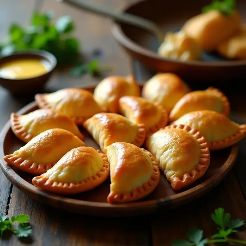Empanadas brasileñas doradas y crujientes rellenas de palmito y queso Minas, dispuestas en una bandeja de madera con hojas de perejil fresco. Receta sin huevo y con textura perfecta.