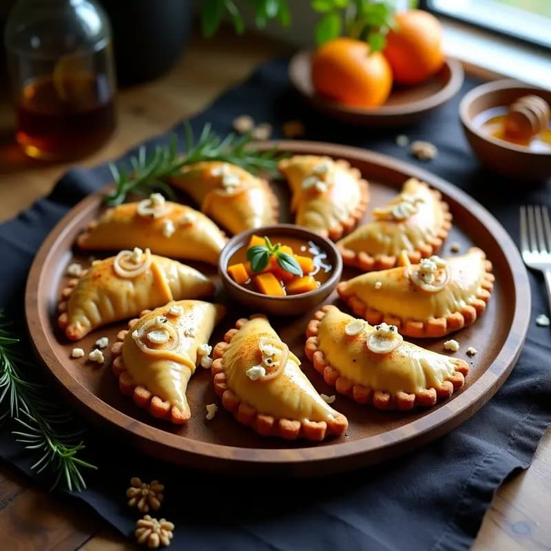 Empanadas argentinas doradas con masa de almendra sin gluten, rellenas de calabaza asada y queso azul, servidas en bandeja de madera rústica con romero fresco.