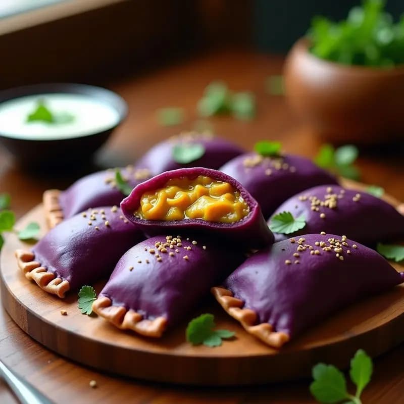 Empanadas de masa de camote morado con bordes dorados y rellenas de pollo al curry, servidas en una tabla de madera rústica con hojas de cilantro y salsa de yogur al lado. Receta peruana gourmet, visual y vibrante.