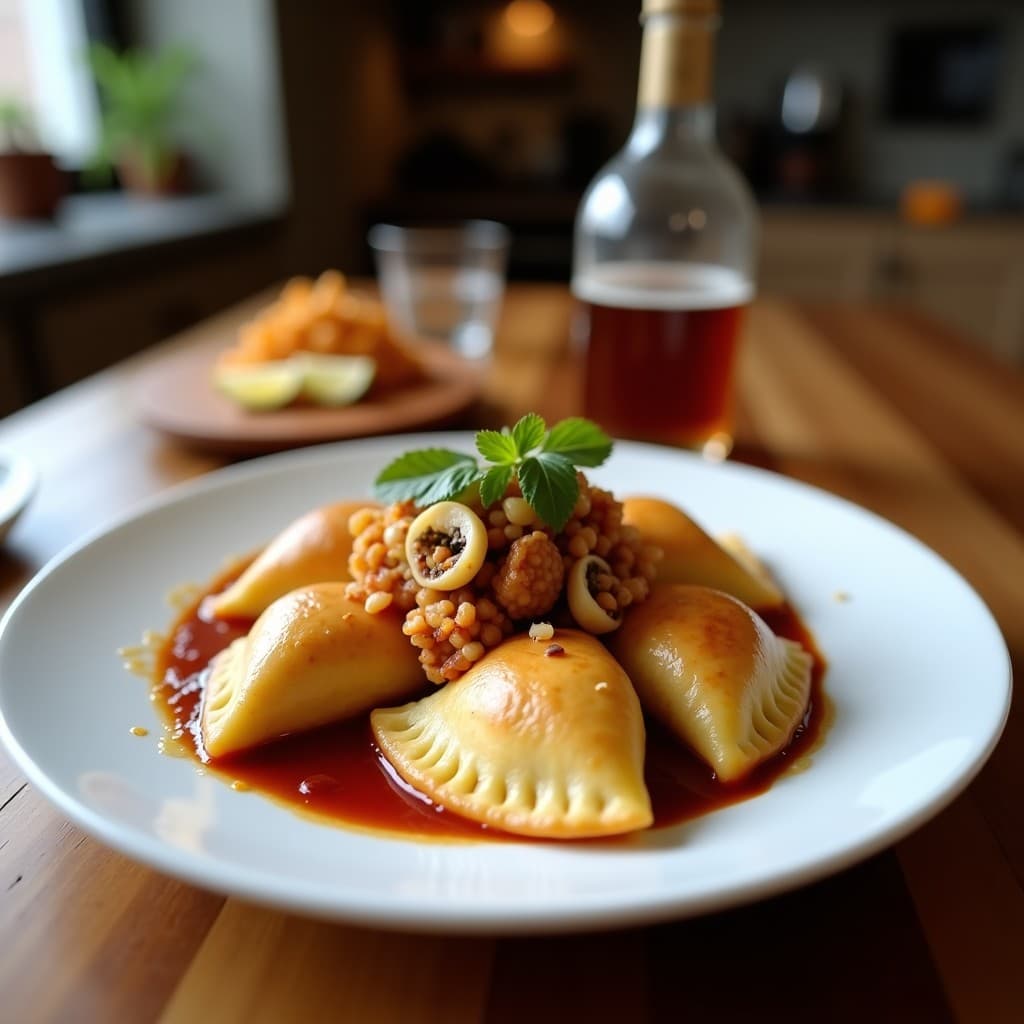 Empanadas filipinas doradas y crujientes con masa de camote morado, rellenas de pulpo en salsa negra de tinta de calamar, servidas en un plato de madera rústico con hojas de cilantro fresco.