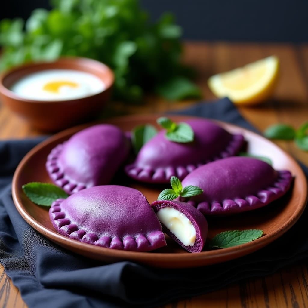 Empanadas peruanas de masa de camote morado con relleno de queso de cabra, cocinadas al vapor en olla rápida, servidas en un plato de barro con hierbabuena fresca como decoración.