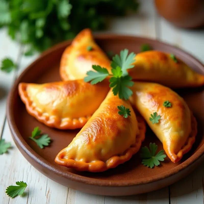Empanadas doradas de masa de camote rellenas de picadillo de insectos, servidas en una fuente de madera rústica con hierbas frescas al lado. Receta sostenible y alta en proteína.