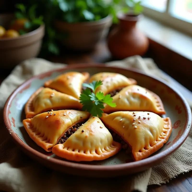 Empanadas doradas de masa de camote rellenas de picadillo de lentejas y aceitunas, servidas en un plato de barro con hierbas frescas. Receta peruana vegana hecha en olla exprés.