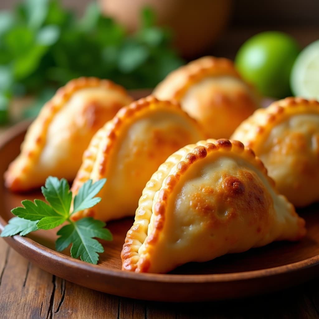Empanadas doradas y crujientes de cangrejo y queso crema, con bordes perfectamente sellados, servidas en un plato de madera rústico con hojas de cilantro fresco y una rodaja de limón verde al lado. Receta venezolana gourmet en airfryer.