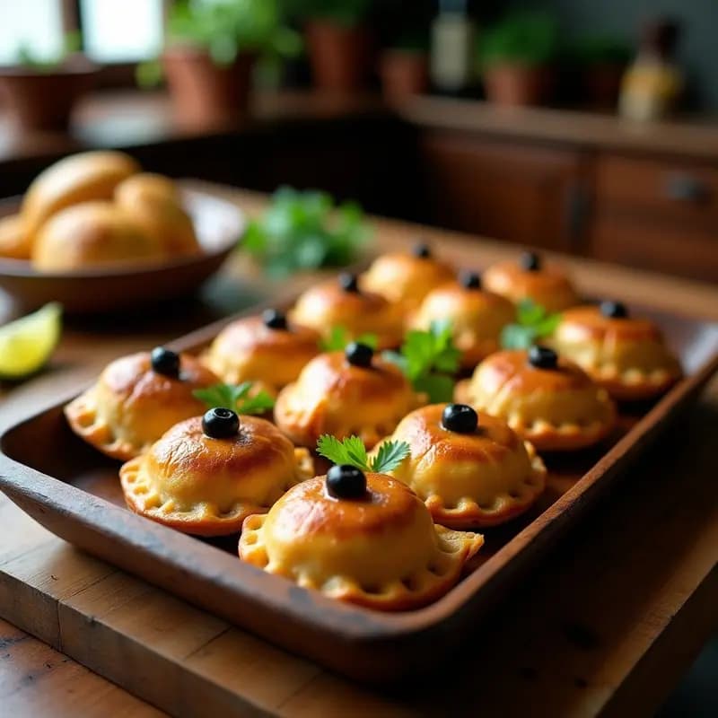 Empanadas de carimañola doradas y crujientes, rellenas de carne molida especiada y aceitunas negras, dispuestas en una bandeja de madera con hojas de cilantro fresco y rodajas de limón al fondo. Receta colombiana tradicional con textura perfecta.