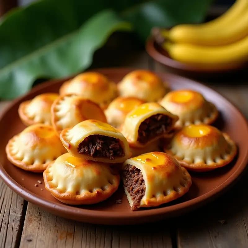 Empanadas de carimañola doradas y crujientes rellenas de carne mechada, servidas en una fuente de barro con hojas de plátano de fondo. Receta colombiana tradicional en Thermomix sin fritura.