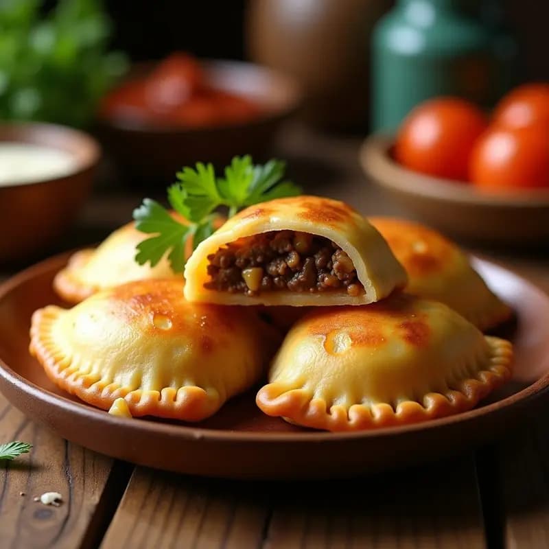 Empanadas de carimañola con relleno de carne y yuca doradas y crujientes, apiladas en un plato de madera rústico con hojas de plátano como decoración, receta colombiana en freidora de aire.