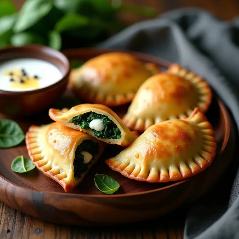 Empanadas doradas y crujientes de carimañola rellenas de espinacas y queso blue, servidas en un plato de madera rústico con salsa de yogur al lado. Receta colombiana fusion.