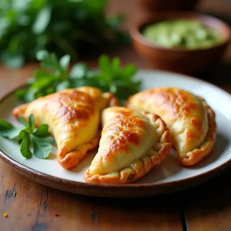 Empanadas doradas de carimañola rellenas de queso de búfala y pesto de rúcula, servidas en un plato rústico con hojas de rúcula fresca al lado. Receta colombiana gourmet en airfryer.