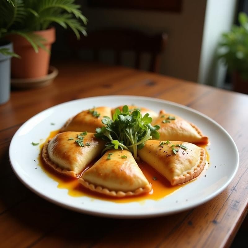 Empanadas doradas de carimañola con relleno de queso de cabra y cebolla caramelizada, servidas en un plato de madera rústico con salsa de yogur al lado. Receta colombiana gourmet en airfryer.