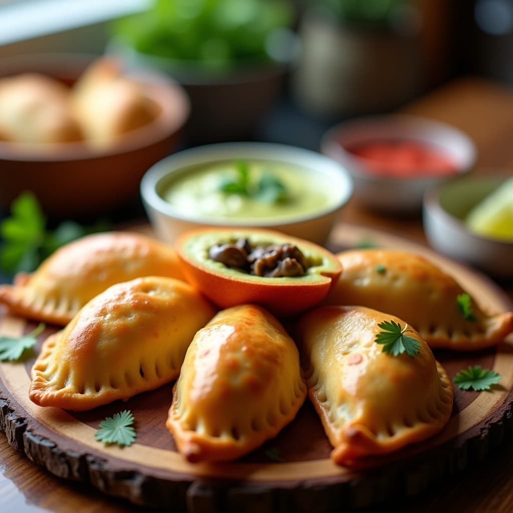 Empanadas doradas y crujientes de carimañola vegana con relleno de yuca y champiñones, servidas en una bandeja de madera con hierbas frescas y salsa de aguacate al lado, receta colombiana en airfryer.