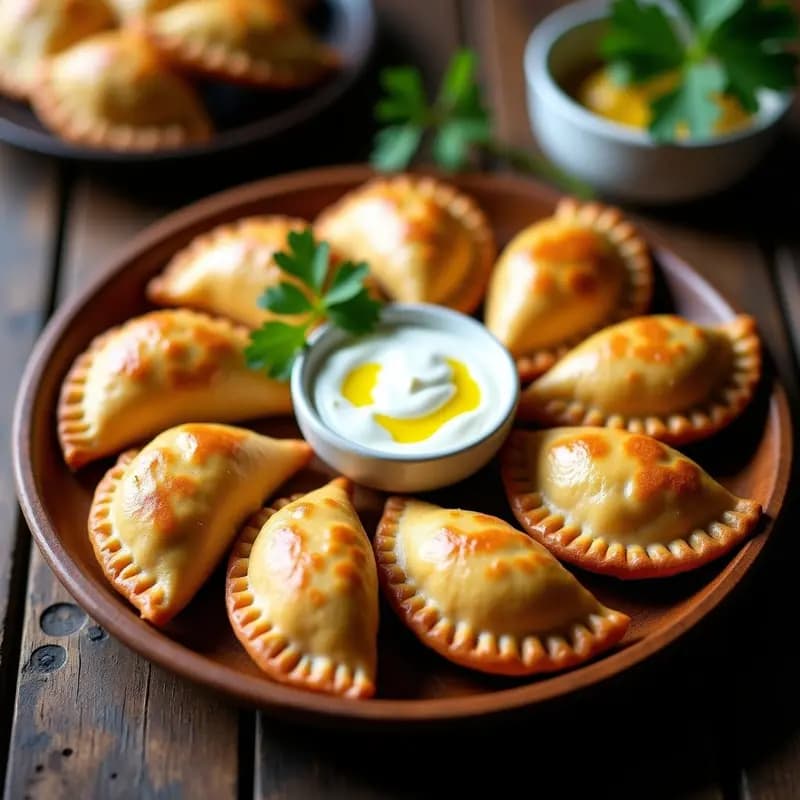 Empanadas doradas y crujientes de carimañola rellenas de yuca y queso de cabra, servidas en un plato de madera con hojas de cilantro y un dip de yogur al lado. Receta colombiana sin gluten.