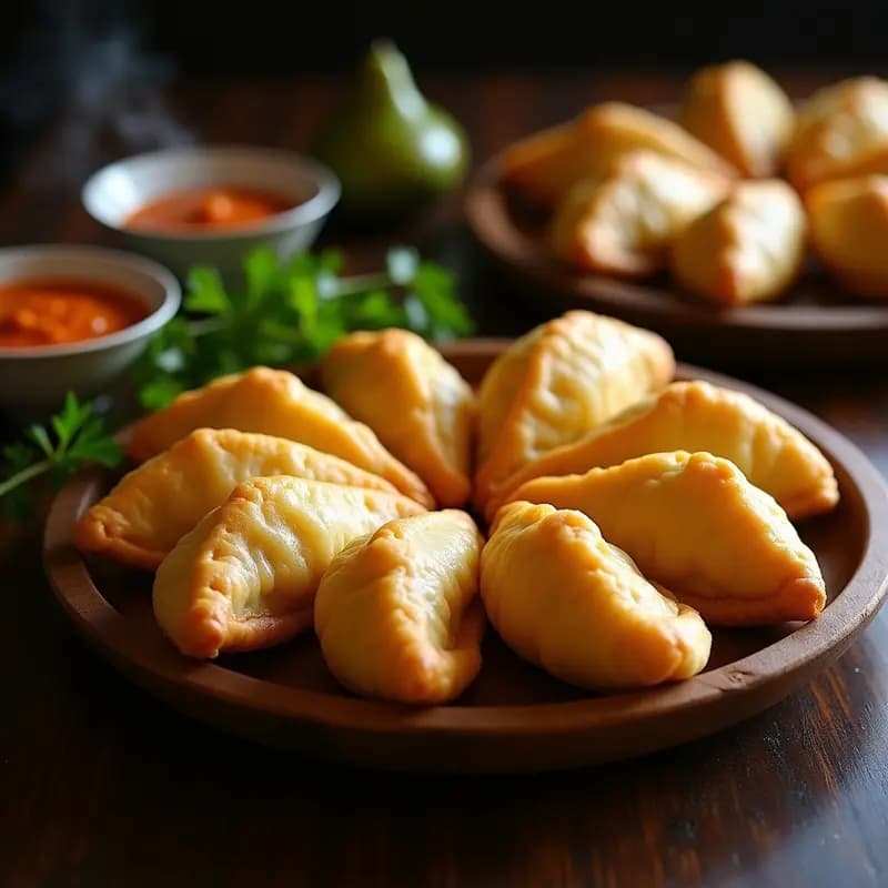 Empanadas de carimañola colombiana doradas y crujientes hechas con masa de yuca rallada, rellenas de queso costeño derretido y cebolla morada, servidas en un plato de madera rústico con un fondo de hojas verdes.