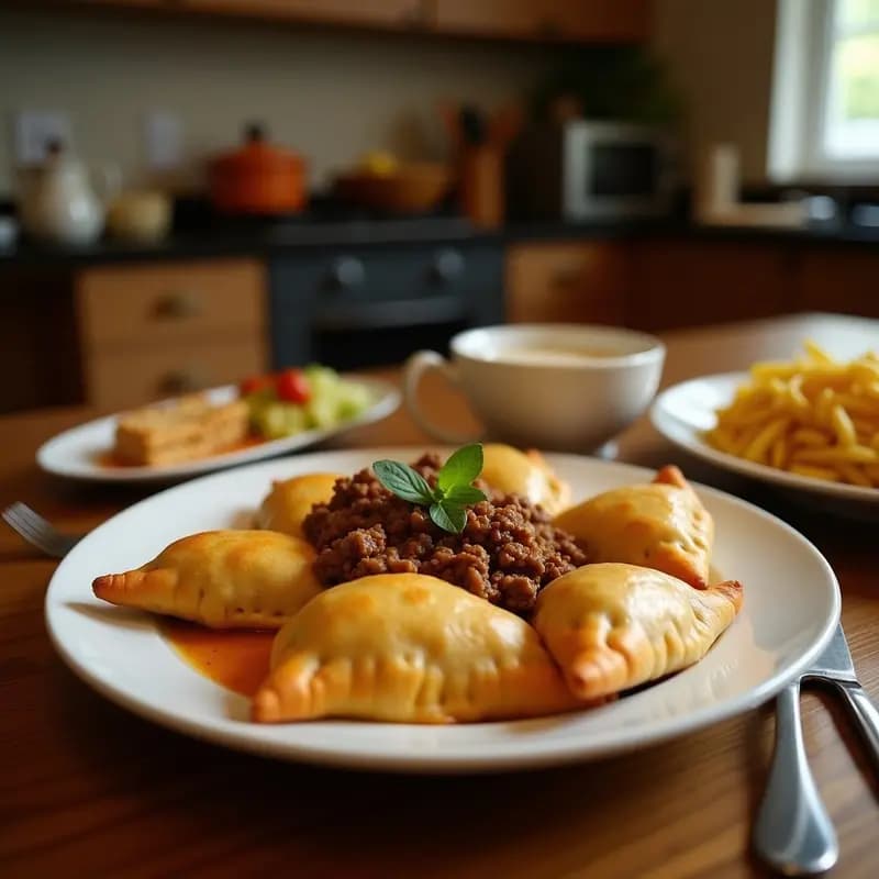 Empanadas uruguayas doradas con masa de mandioca, rellenas de carne de res y aceitunas negras, dispuestas en una bandeja de horno rústica con perejil fresco.