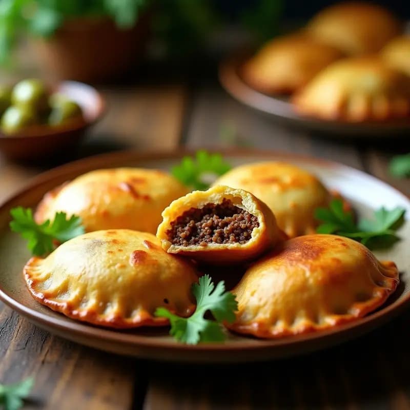 Empanadas doradas y crujientes de masa de yuca rellenas de carne picada y aceitunas verdes, servidas en un plato de cerámica rústica con cilantro fresco. Receta brasilera keto y sin gluten.