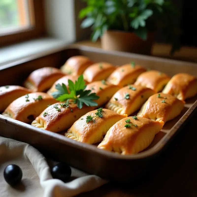 Bandeja de empanadas argentinas doradas al horno con masa de maíz, rellenas de carne y aceitunas negras, servidas sobre un mantel rústico de lino.