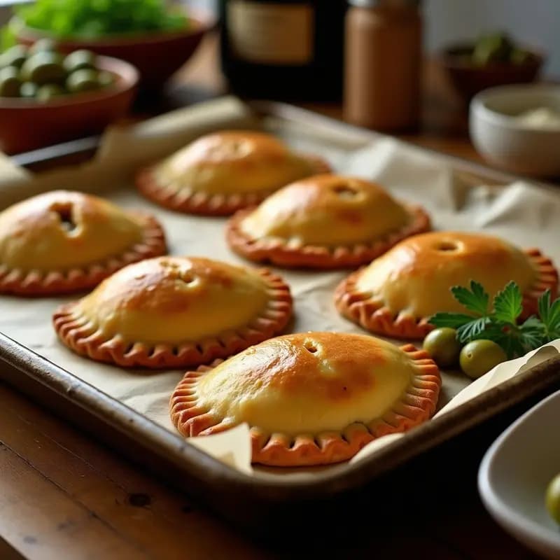Bandeja de empanadas argentinas doradas al horno, rellenas de carne picada y aceitunas verdes, con repulgue tradicional y brillo de huevo batido.