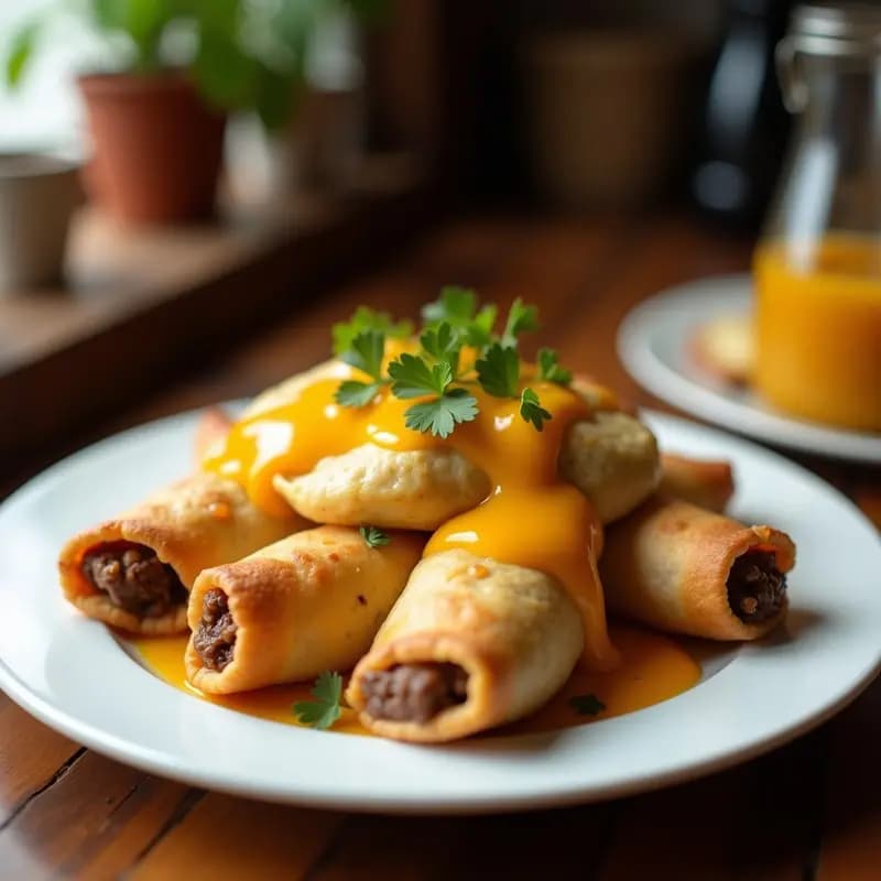 Empanadas doradas y crujientes fritas en aceite, rellenas de carne picada jugosa y queso azul, servidas en un plato rústico con un hilo de miel de romero brillando sobre ellas. Receta de empanadas fritas con queso azul y miel.