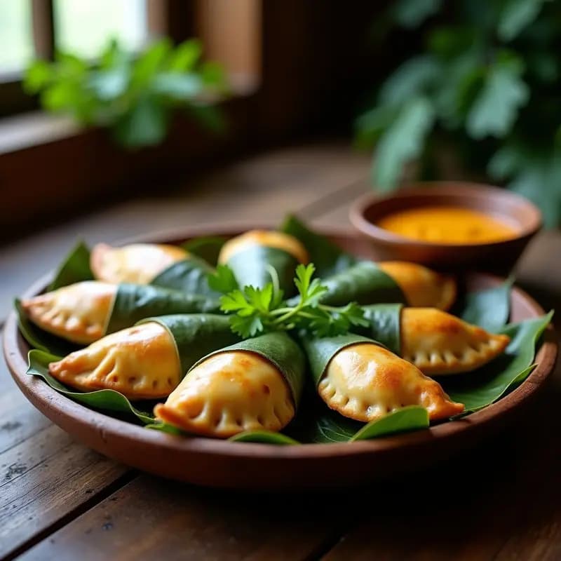 Empanadas colombianas de carne mechada y aceitunas envueltas en hojas de plátano, horneadas hasta dorarse, servidas en un plato de barro rústico con salsa de ají al lado.