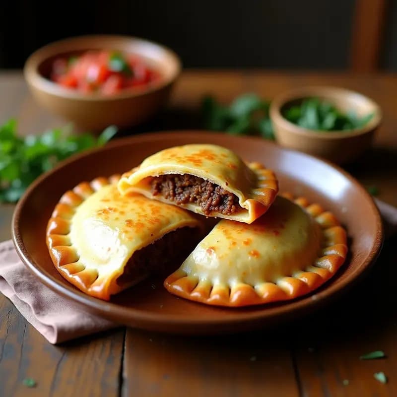 Empanadas doradas de masa de mandioca rellenas de carne mechada paraguaya, servidas en un plato de barro con salsa criolla y hierbas frescas al lado.