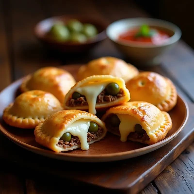 Empanadas colombianas de carne mechada con queso y aceitunas, doradas y crujientes, servidas en un plato de madera con salsa de ají al lado. Relleno jugoso de carne desmenuzada, queso fundido y aceitunas verdes.