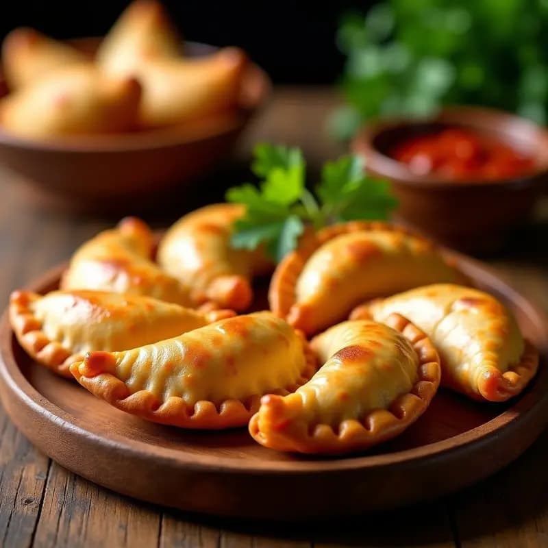 Empanadas doradas y crujientes de masa de yuca rellenas de carne mechada venezolana, servidas en un plato de madera rústico con hojas de cilantro fresco y salsa rosa al lado, receta en airfryer.