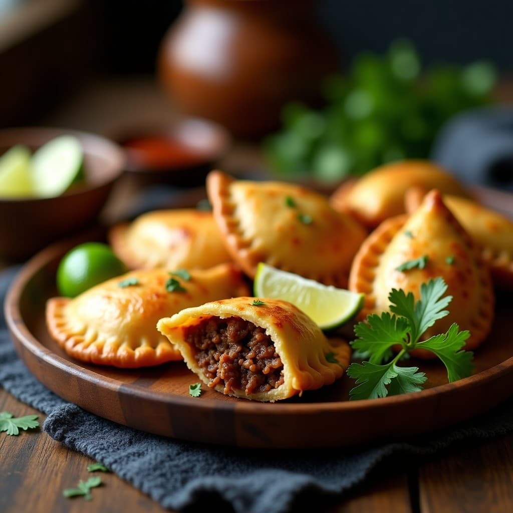 Empanadas doradas y crujientes de carne mechada con masa de yuca, servidas en un plato de madera rústico. Se ven el relleno jugoso y el queso derretido al cortar una por la mitad. Receta colombiana sin gluten en airfryer.